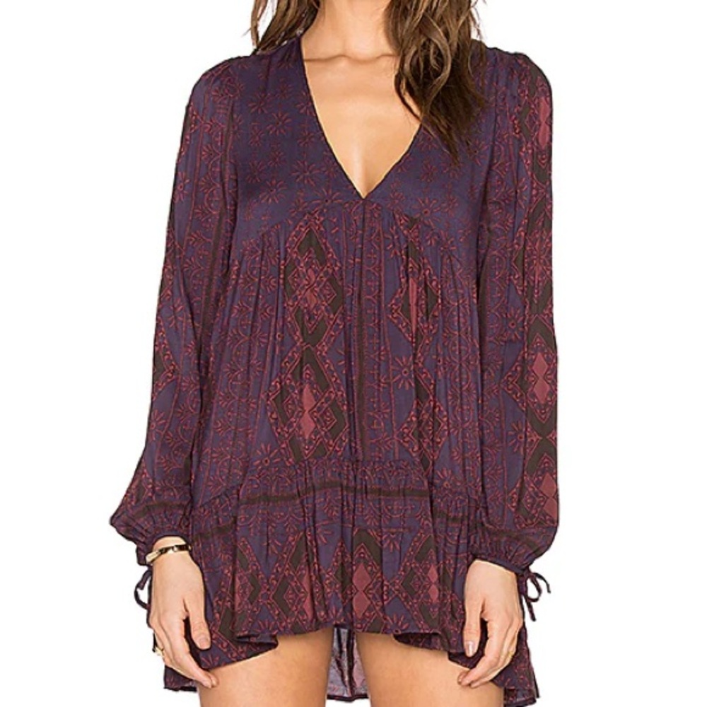✨SALE Free People Down By The Bay Tunic XS Dust Combo Red Purple Mini Dress